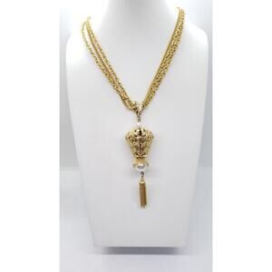 Vtg Pearl Pendant Necklace Tassel Triple Chain Gold Plated 70s Celebrity